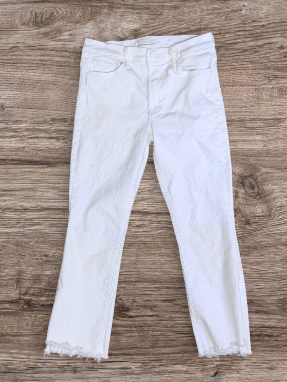 MOTHER The Insider Crop Step Fray Jeans White High Rise Bootcut Size 29